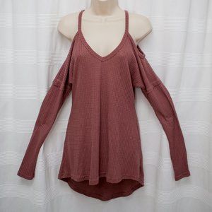 Waffle Knit Cold Shoulder Tunic Top